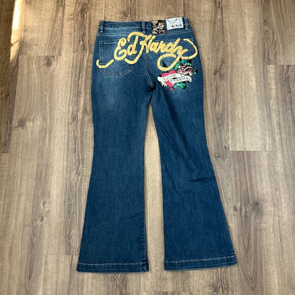 NEW Ed Hardy Multi Tattoo Embroidered Flare Jeans Sz 34